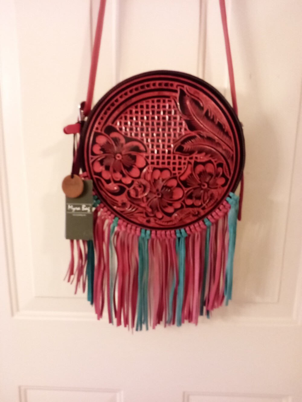 Myra Bag Co Pink Tooled Leather Round Purse